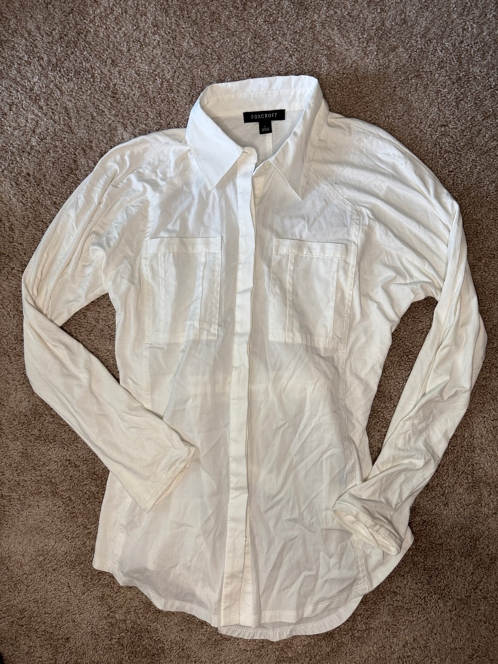 Foxcroft White Long-Sleeve Button-Up Shirt with Chest Pockets